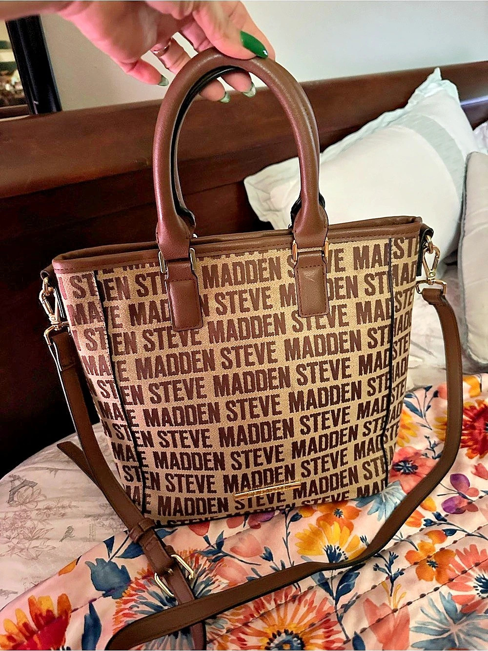 Steve Madden  Logo Print Tote in Brown & Beige